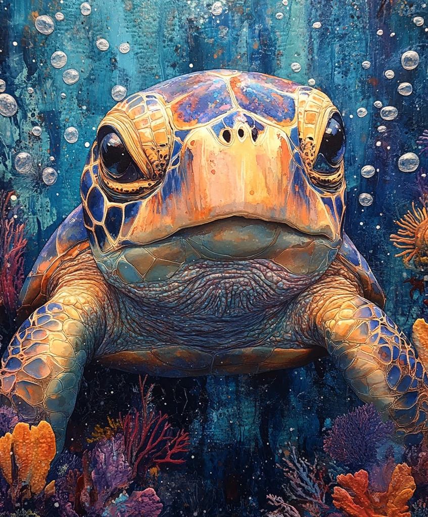 海龟与珊瑚水彩画