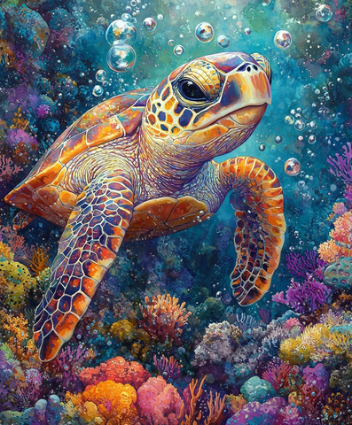 海龟与珊瑚水彩画