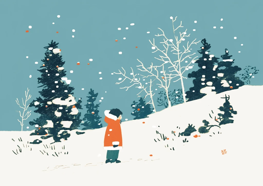 雪地男孩与松树