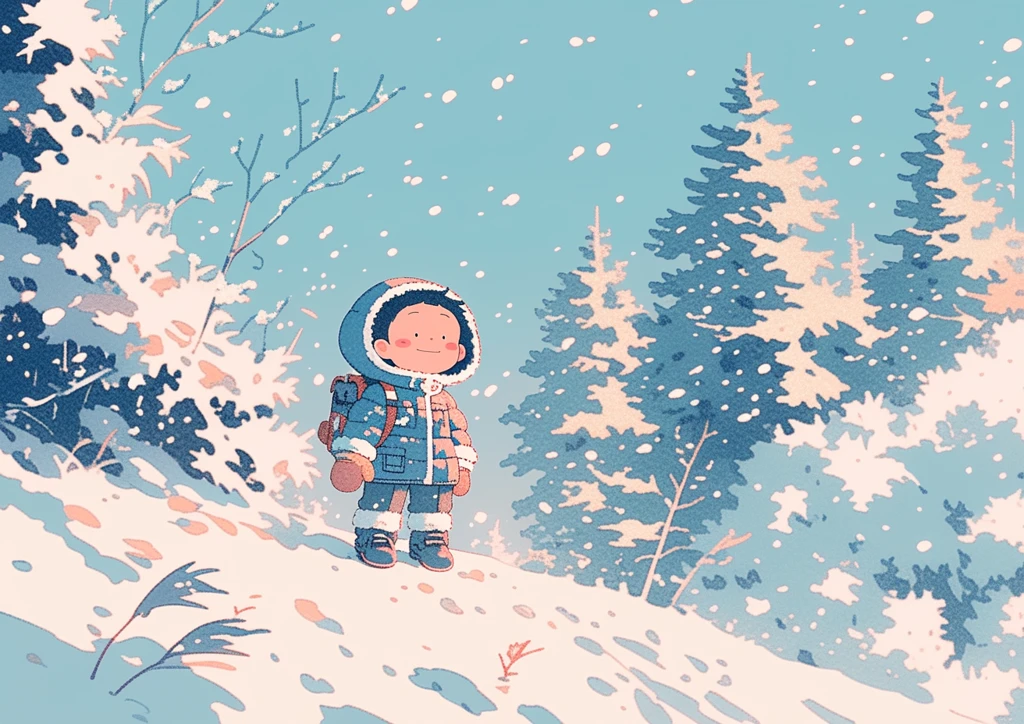 雪地男孩与松树