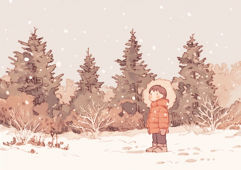 雪地男孩与松树