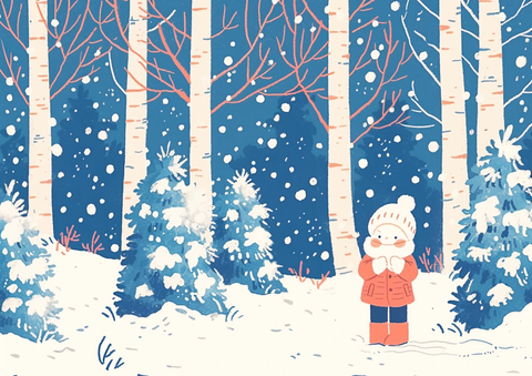 雪地男孩与松树