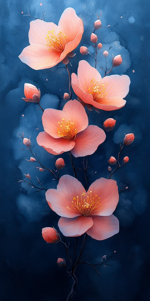 海军蓝水彩上的花朵