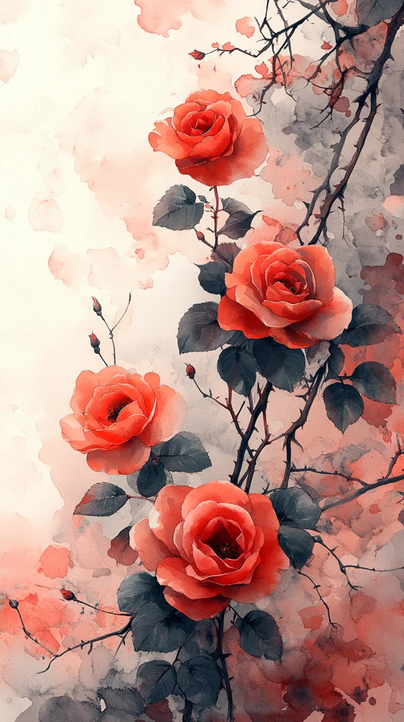 红玫瑰水彩画