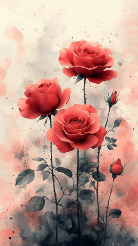 红玫瑰水彩画