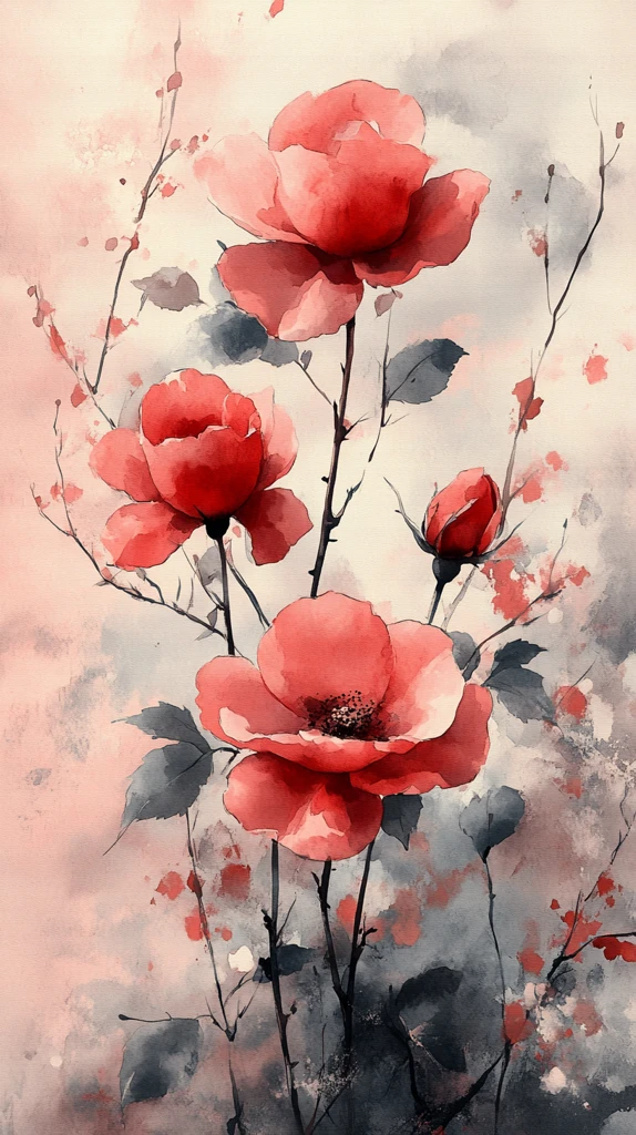 红玫瑰水彩画