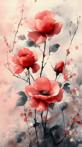 红玫瑰水彩画