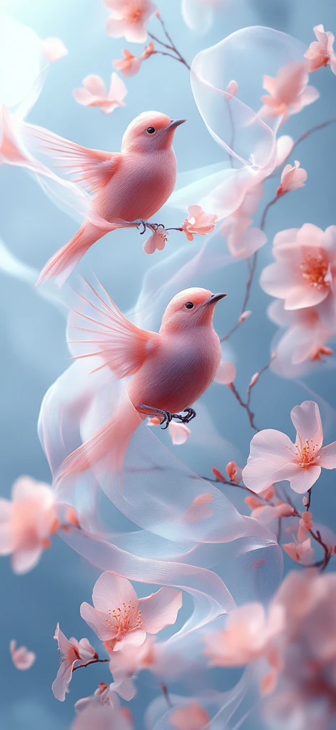 蓝粉白飘带小鸟