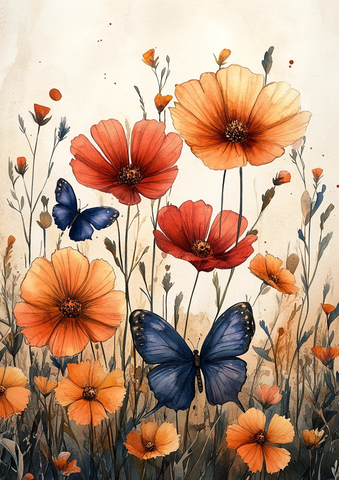 蝴蝶水彩花边图