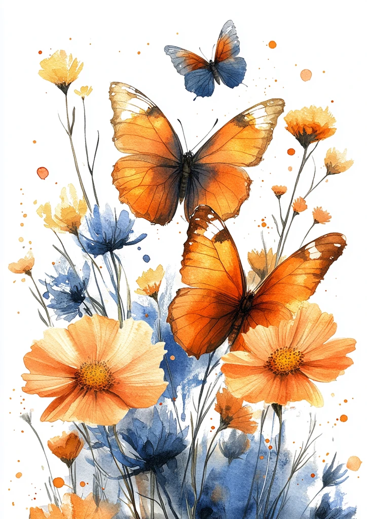 蝴蝶水彩花边图