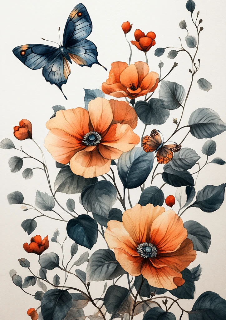 蝴蝶水彩花边图