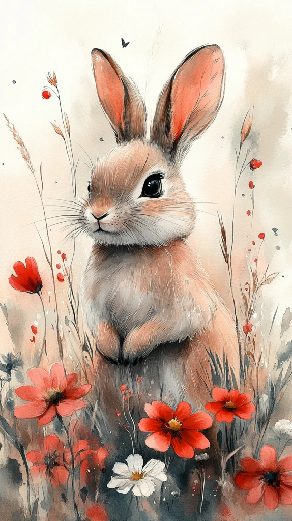 小动物与花水彩