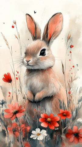 小动物与花水彩