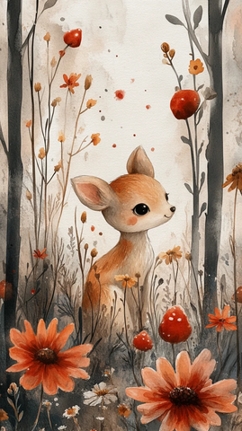 小动物与花水彩