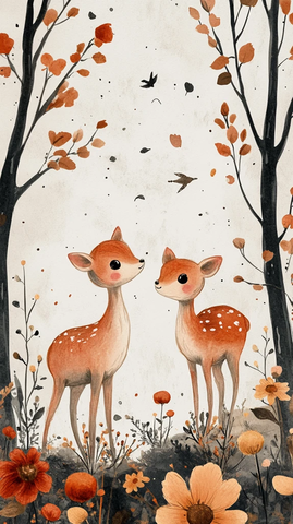 小动物与花水彩