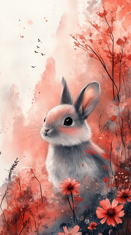 小动物与花水彩