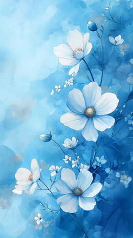 天空蓝白花水彩