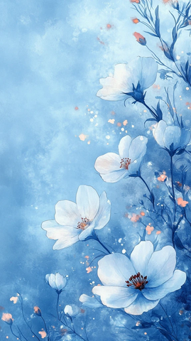 天空蓝白花水彩