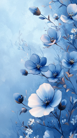 天空蓝白花水彩