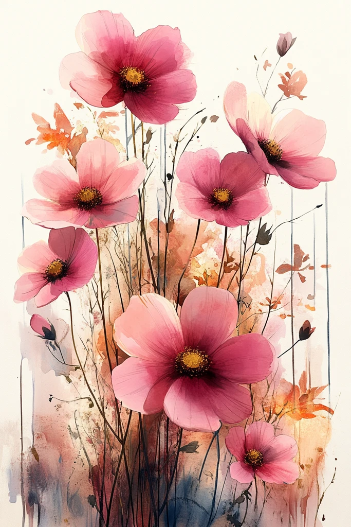 粉白金花卉水彩