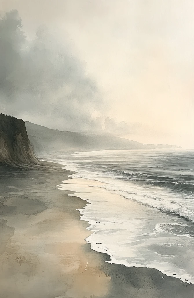 海天沙滩水彩画