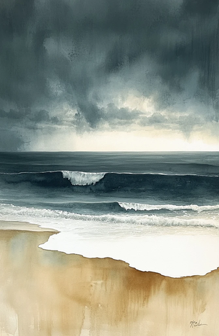 海天沙滩水彩画