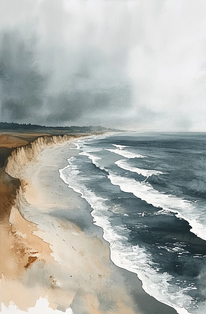 海天沙滩水彩画