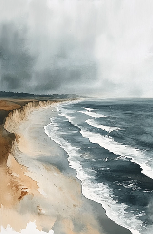 海天沙滩水彩画