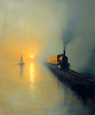 蒸汽列车穿过雾霭