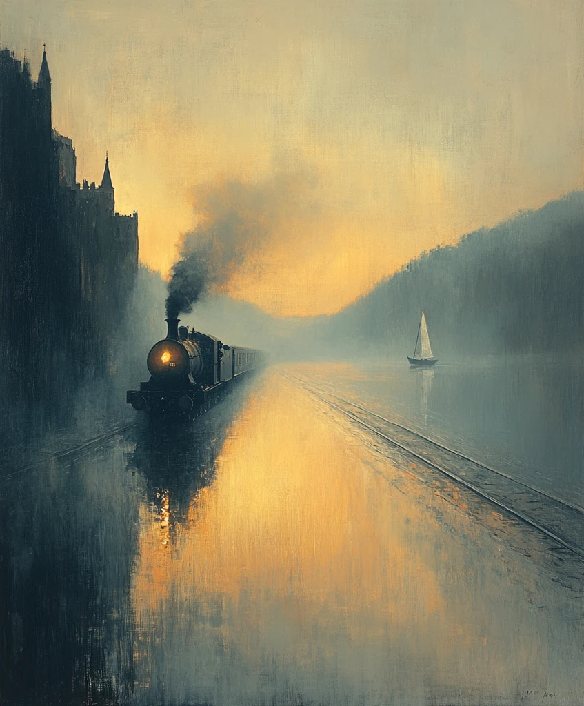 蒸汽列车穿过雾霭