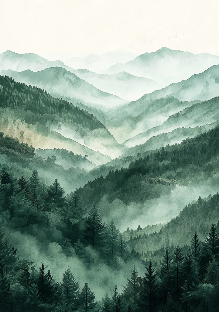 层叠山峦水彩画