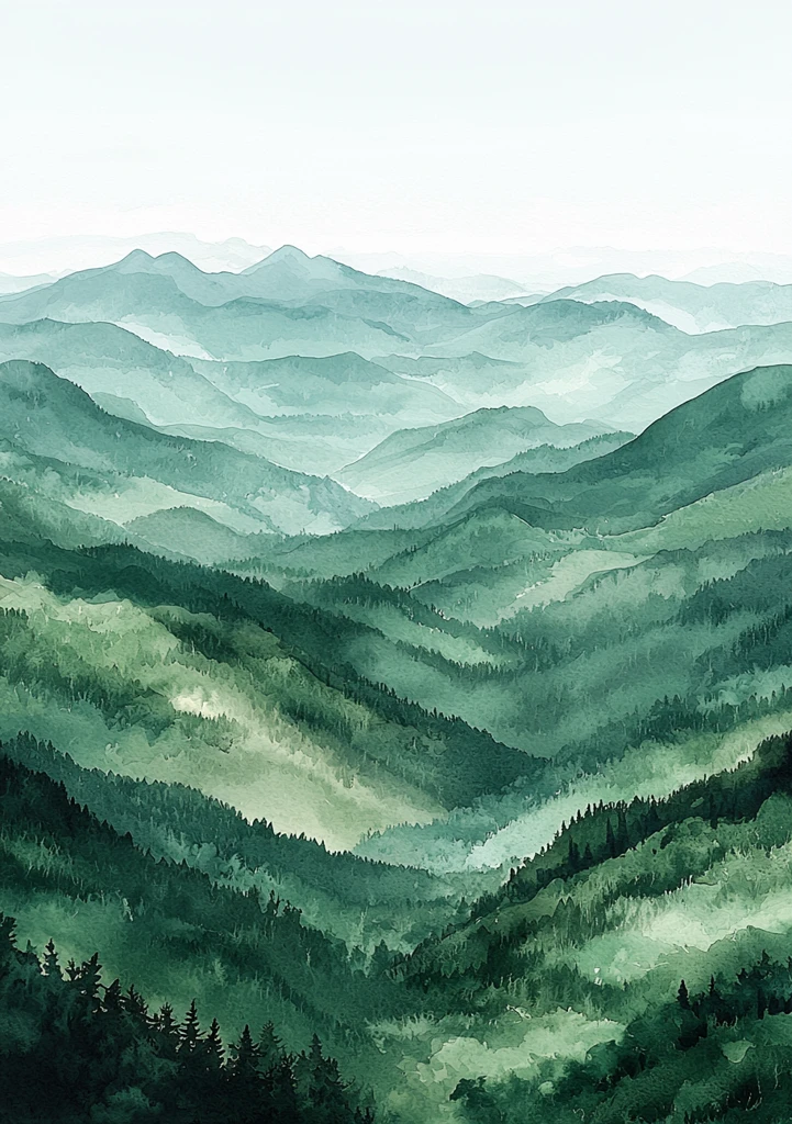 层叠山峦水彩画