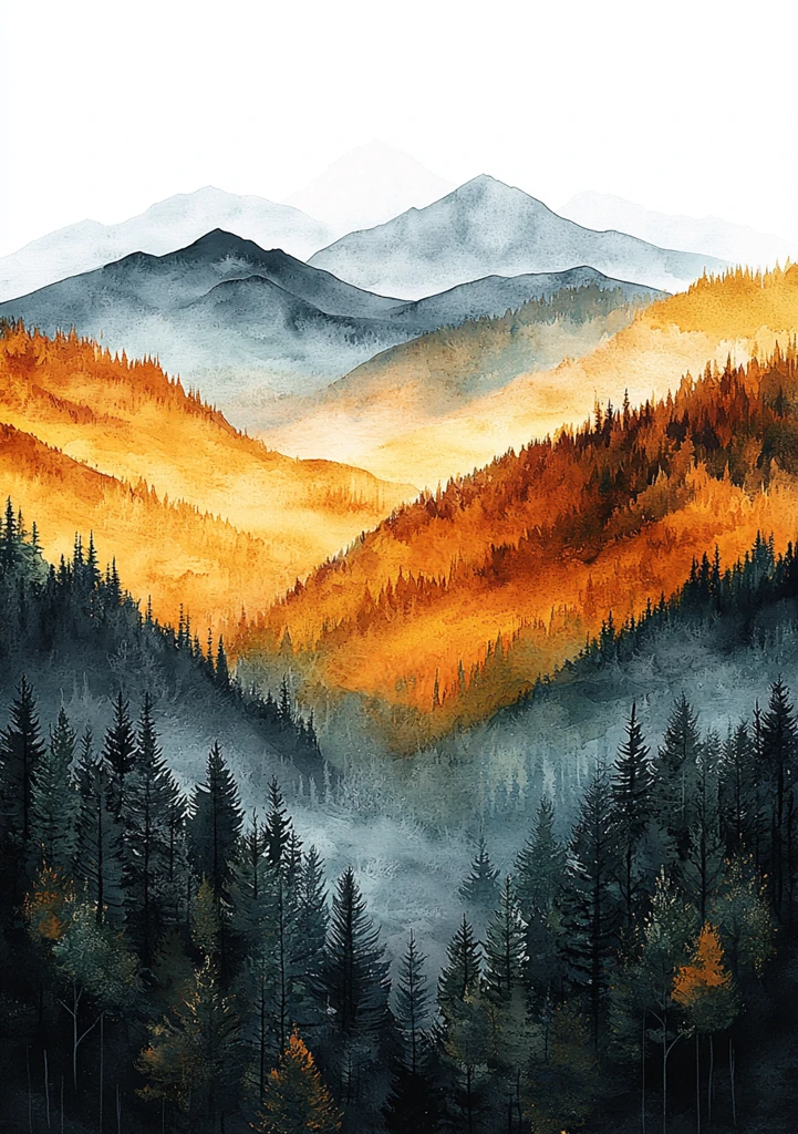 层叠山峦水彩画