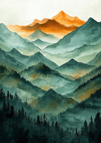 层叠山峦水彩画