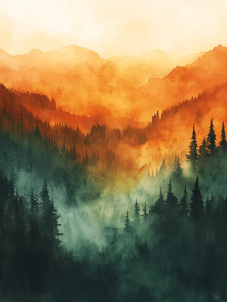 橙绿渐变水彩画