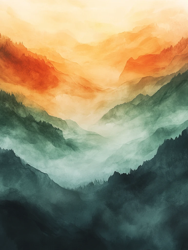 橙绿渐变水彩画