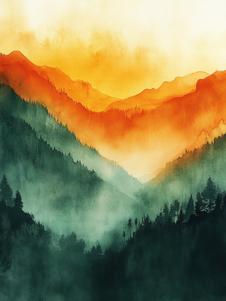 橙绿渐变水彩画