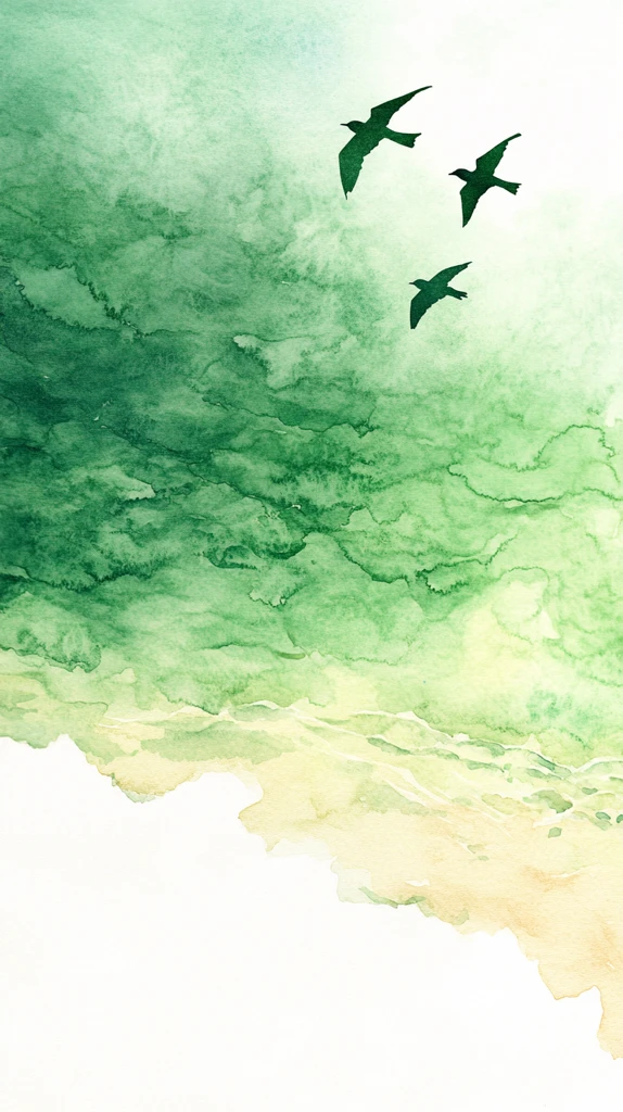 翠绿沙滩水彩画