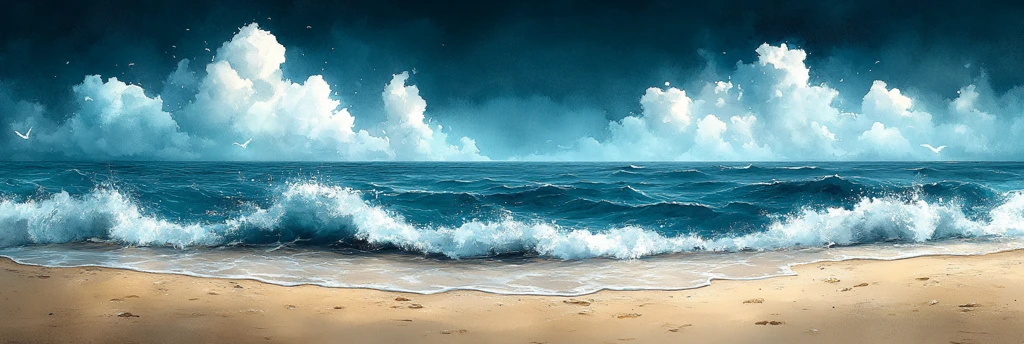 天空海水沙滩水彩