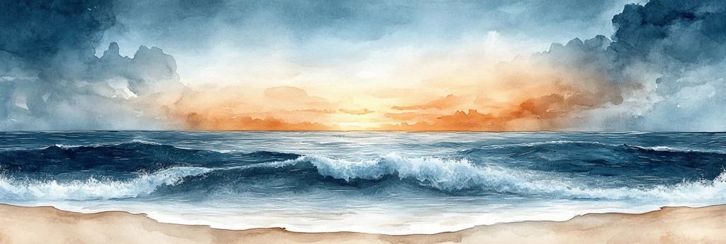 天空海水沙滩水彩