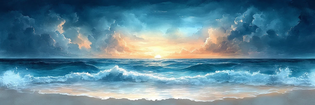 天空海水沙滩水彩