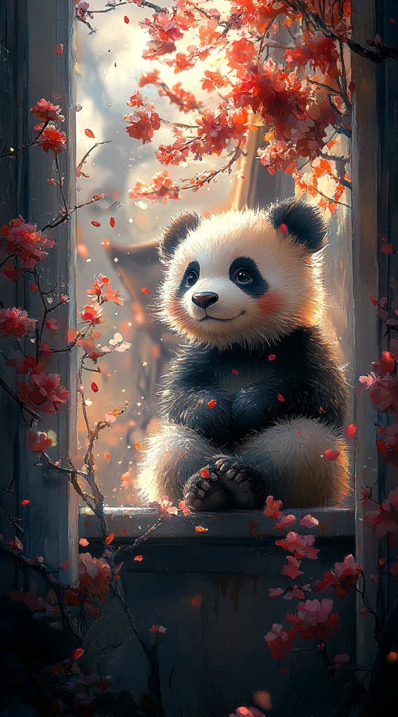 熊猫窗台赏花图
