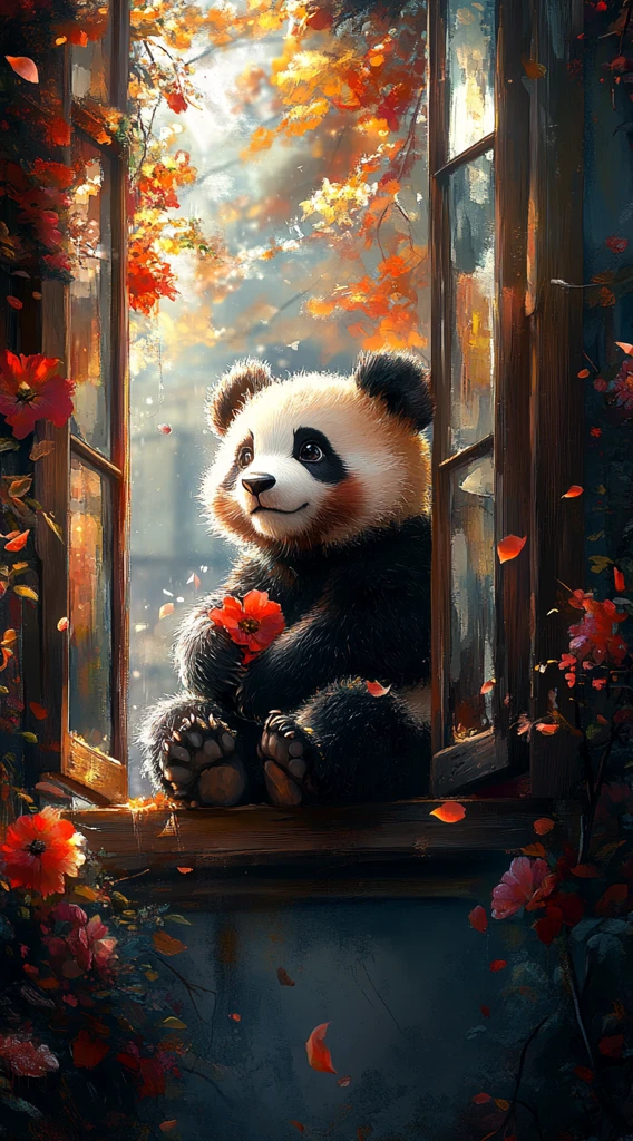 熊猫窗台赏花图