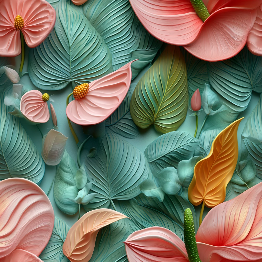 粉红花烛与绿叶水彩