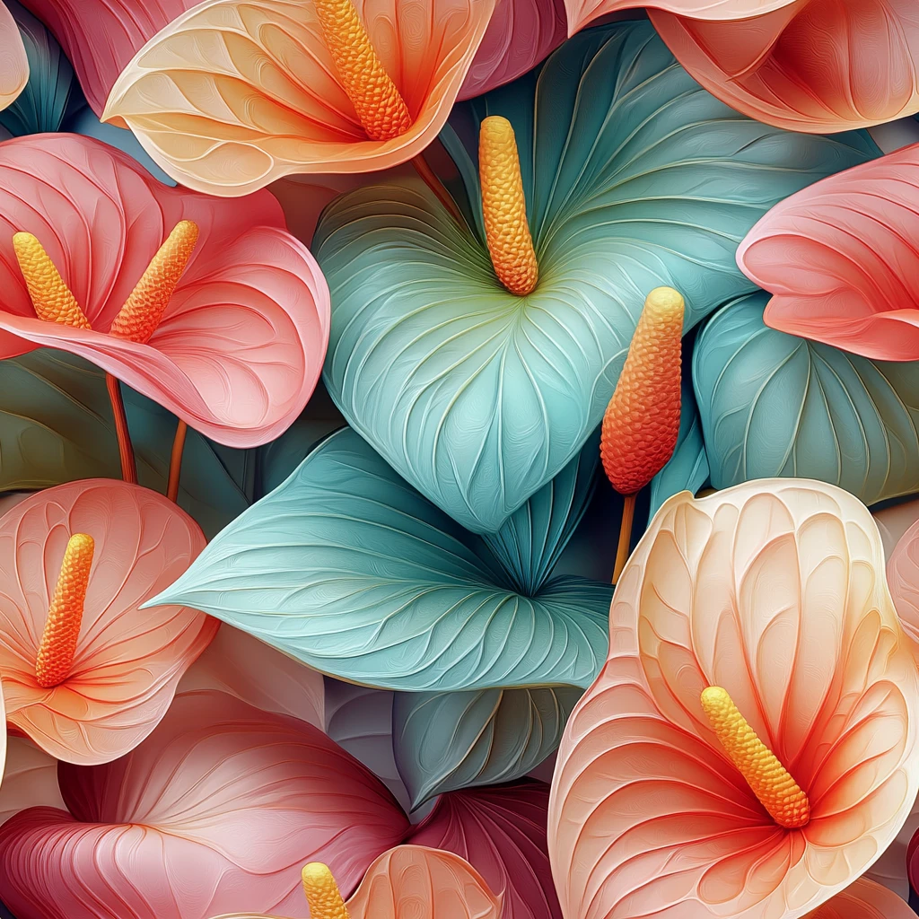 粉红花烛与绿叶水彩