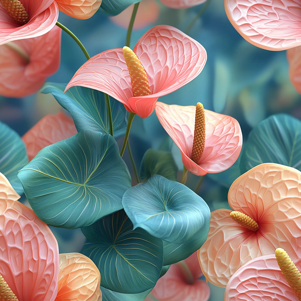 粉红花烛与绿叶水彩