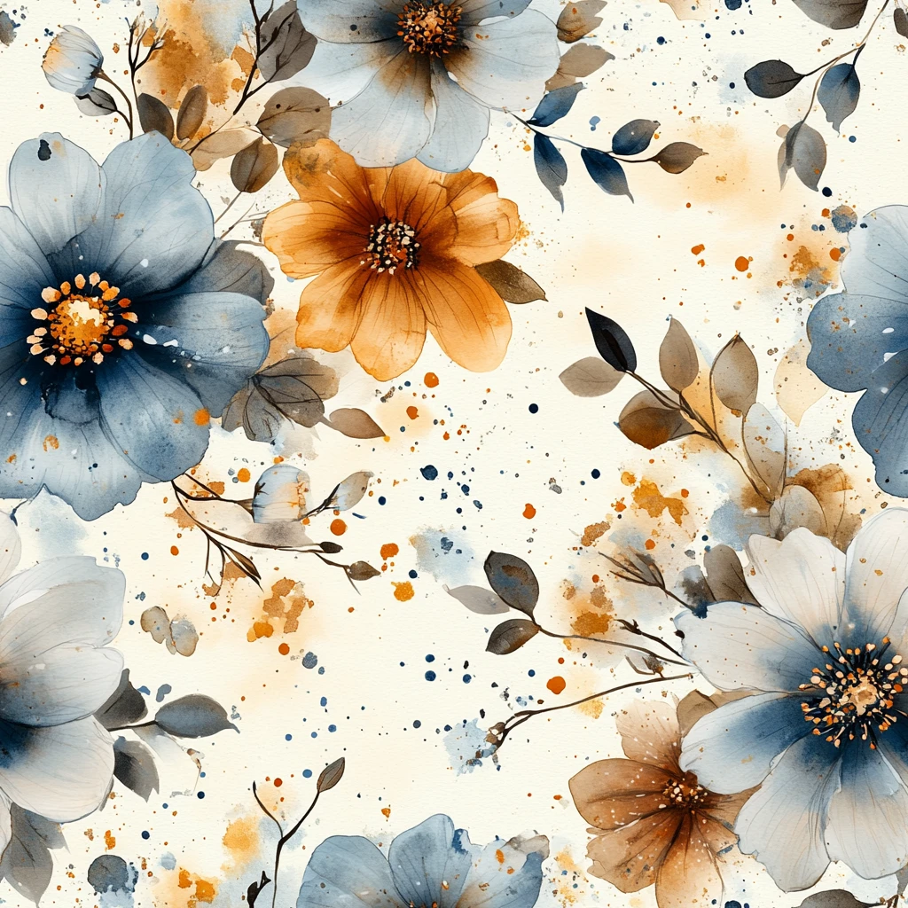 蓝褐水彩花卉纹样