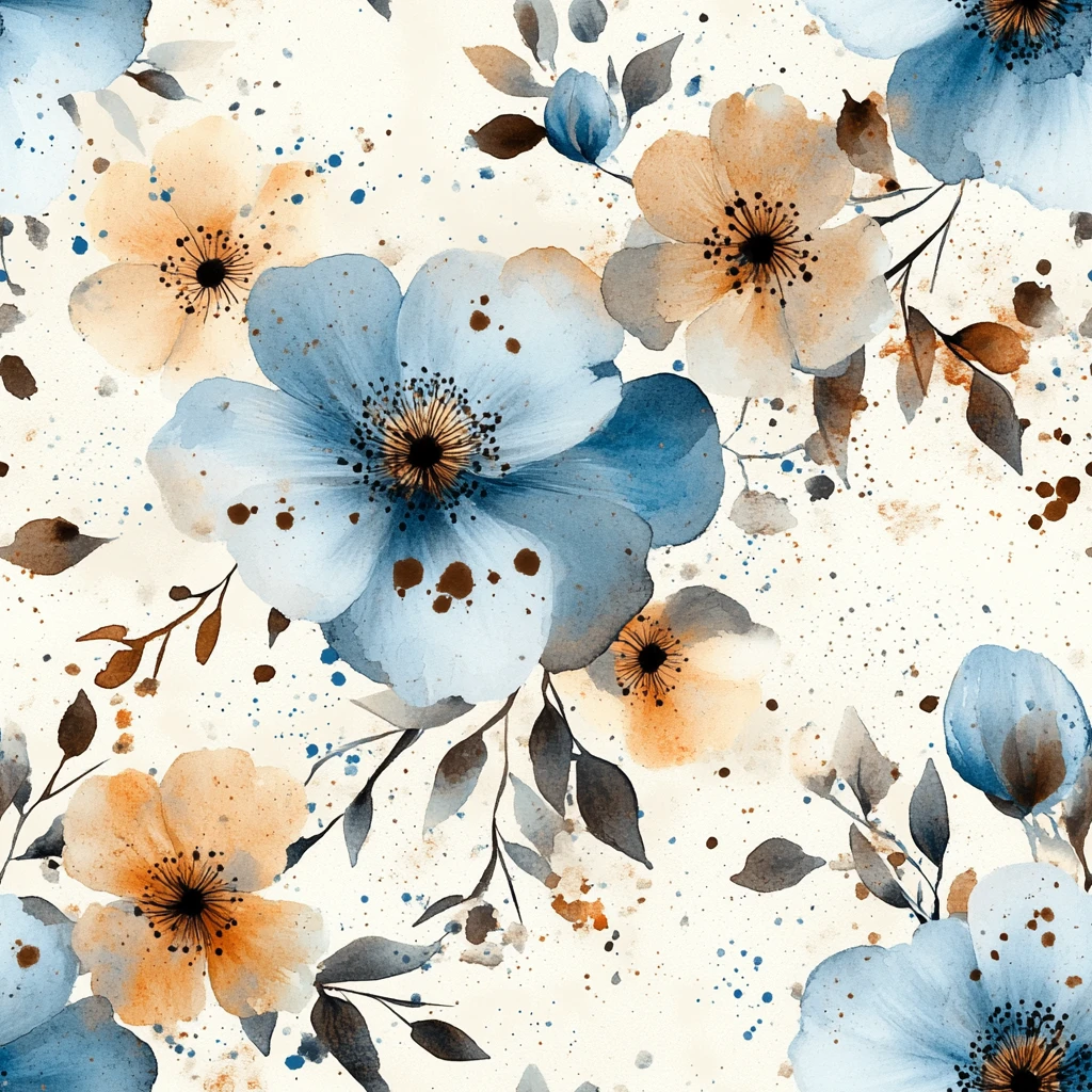 蓝褐水彩花卉纹样