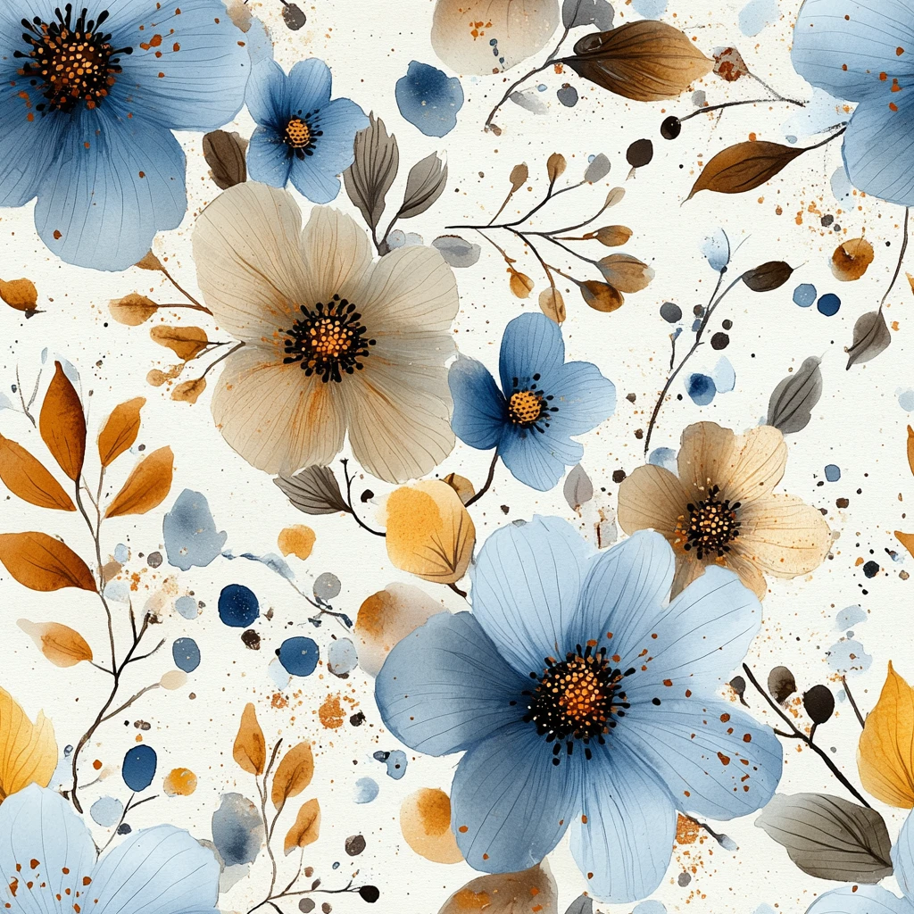 蓝褐水彩花卉纹样