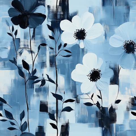 蓝底黑白花叶画